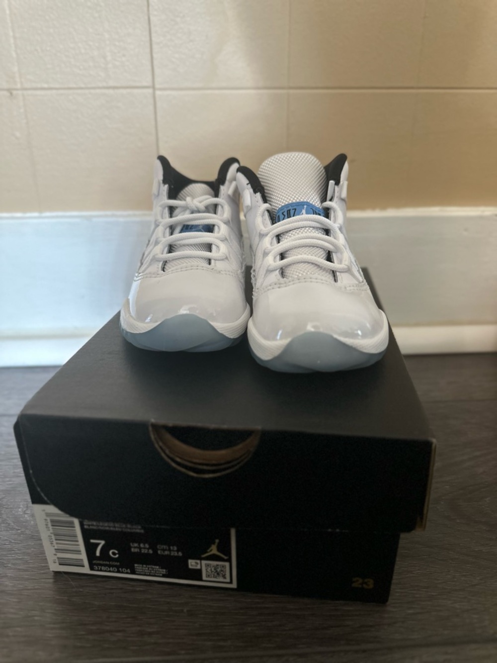 Kids' White and Legend Blue Jordan 11 Sneakers